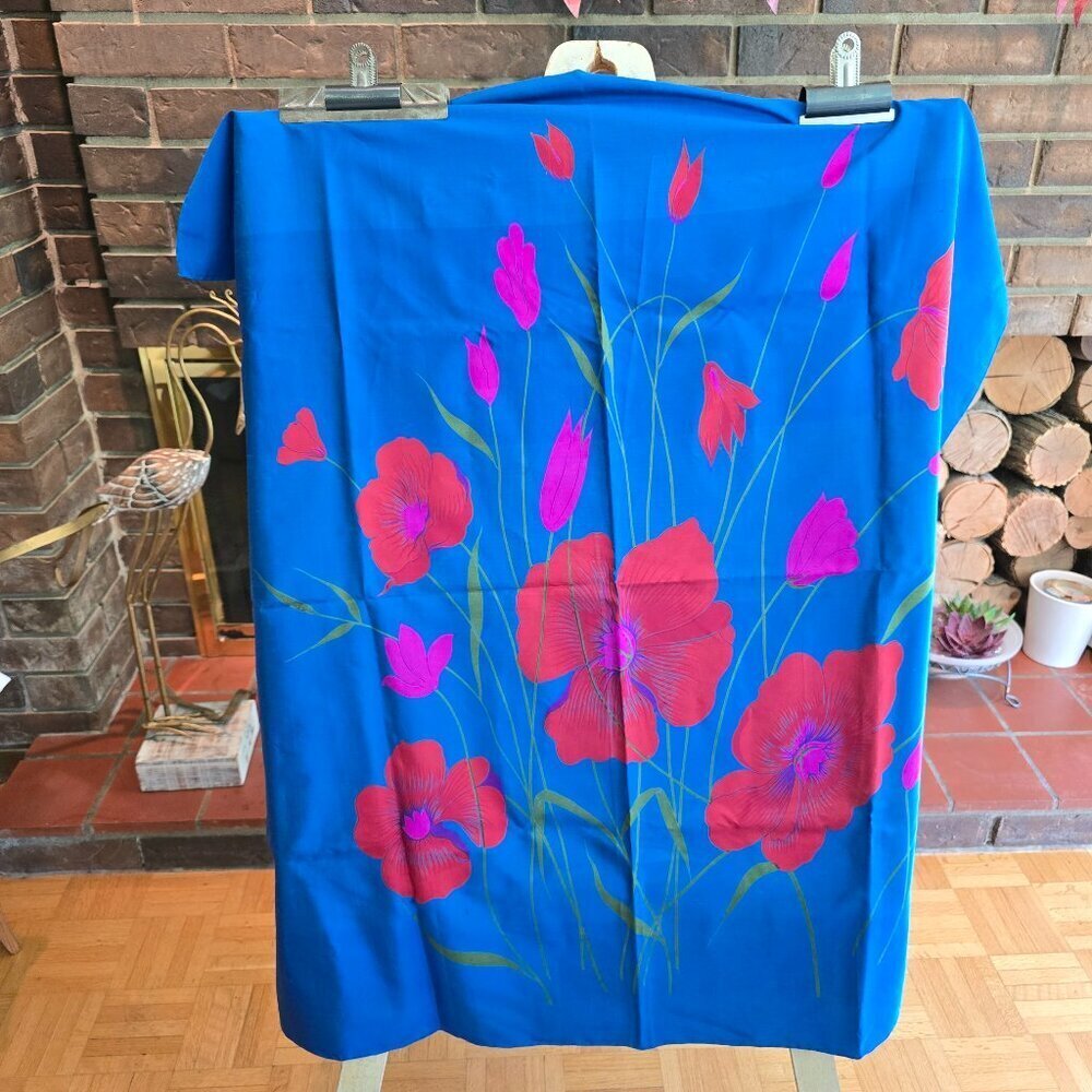 Vintage Floral Silk Scarf in Blue & Red